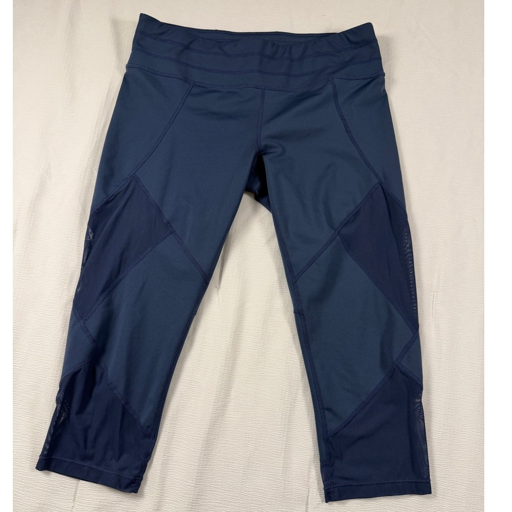Athleta Blue Mesh Panel Crop Leggings Size L Sporty Activewear Workout Yoga Gym